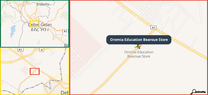 Map showing the address of Oromia Education Bearoue Store in three different zoom levels.