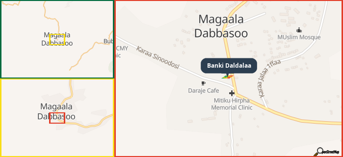 Map showing the address of Banki Daldalaa in three different zoom levels.