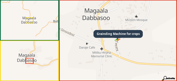Map showing the address of Grainding Machine for crops in three different zoom levels.