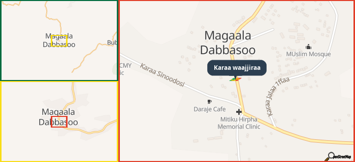 Map showing the address of Karaa waajjiraa in three different zoom levels.