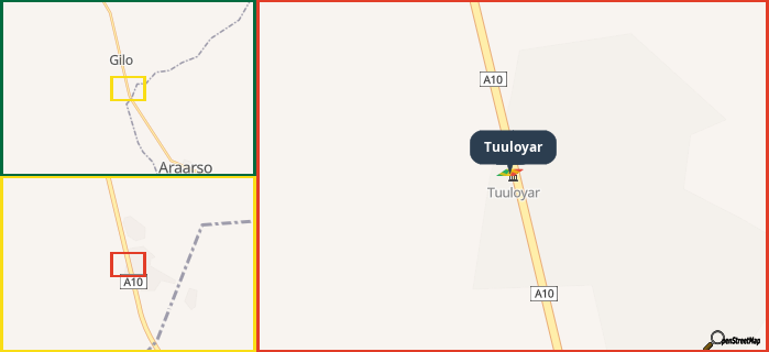 Map showing the address of Tuuloyar in three different zoom levels.