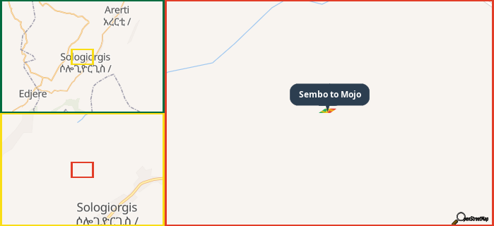 Map showing the address of Sembo to Mojo in three different zoom levels.
