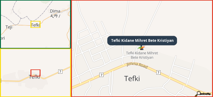 Map showing the address of Tefki Kidane Mihret Bete Kristiyan in three different zoom levels.