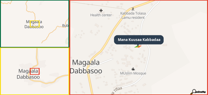 Map showing the address of Mana Kuusaa Kabbadaa in three different zoom levels.