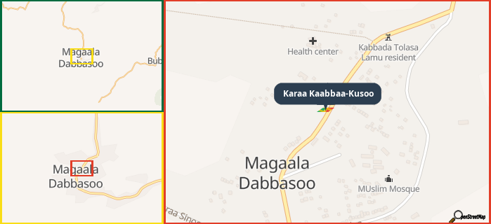Map showing the address of Karaa Kaabbaa-Kusoo in three different zoom levels.