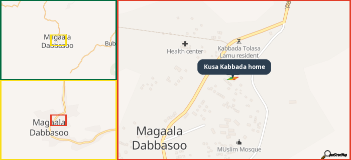 Map showing the address of Kusa Kabbada home in three different zoom levels.
