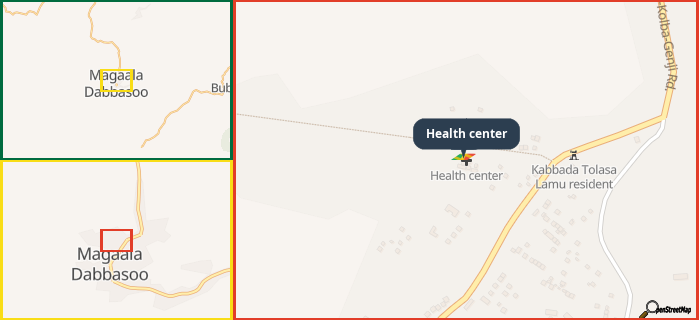 Map showing the address of Health center in three different zoom levels.