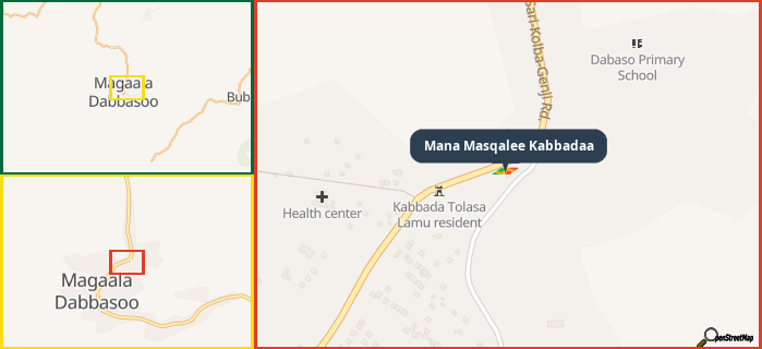 Map showing the address of Mana Masqalee Kabbadaa in three different zoom levels.