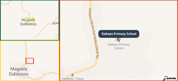 Map showing the address of Dabaso Primary School in three different zoom levels.