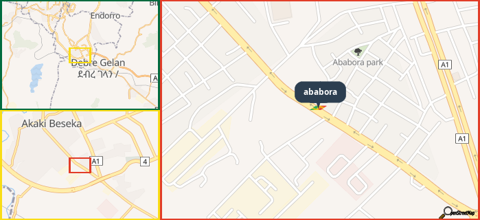 Map showing the address of ababora in three different zoom levels.