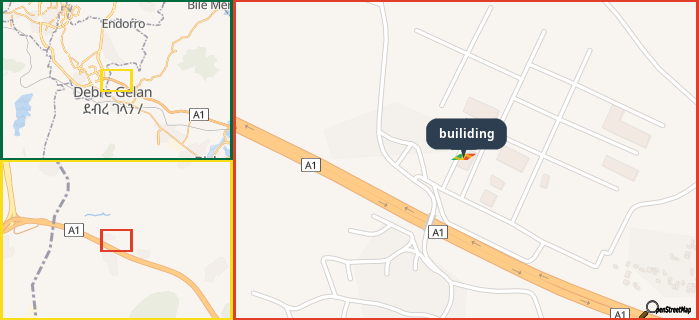 Map showing the address of builiding in three different zoom levels.