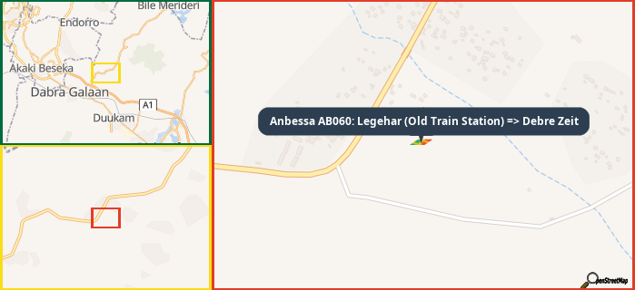 Map showing the address of Anbessa AB060: Legehar (Old Train Station) => Debre Zeit in three different zoom levels.