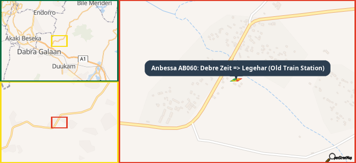 Map showing the address of Anbessa AB060: Debre Zeit => Legehar (Old Train Station) in three different zoom levels.