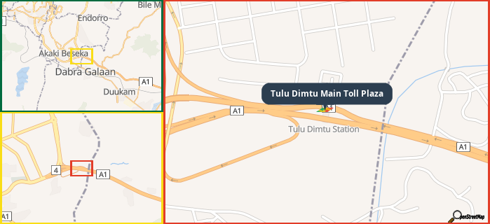Map showing the address of Tulu Dimtu Main Toll Plaza in three different zoom levels.