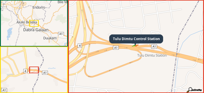 Map showing the address of Tulu Dimtu Control Station in three different zoom levels.