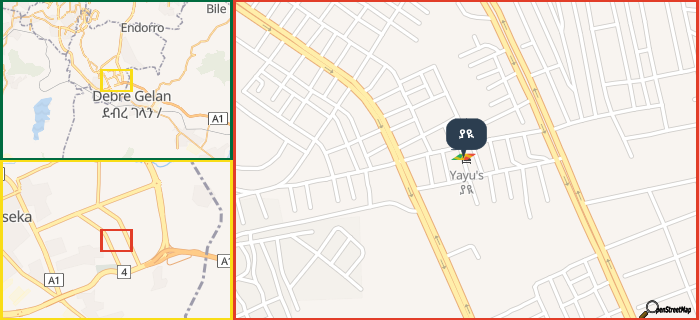 Map showing the address of ያዪ in three different zoom levels.