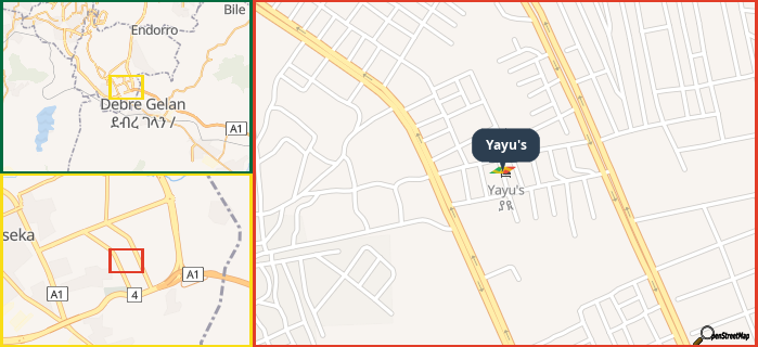 Map showing the address of Yayu's in three different zoom levels.