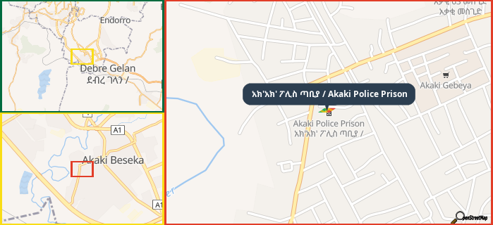Map showing the address of አክ'አክ' ፖሊስ ጣቢያ / Akaki Police Prison in three different zoom levels.