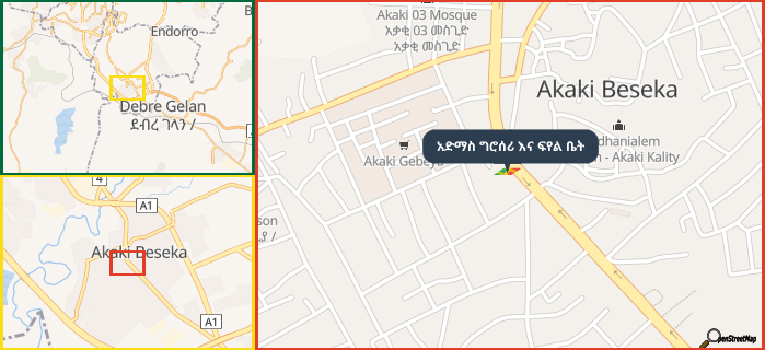 Map showing the address of አድማስ ግሮሰሪ እና ፍየል ቤት in three different zoom levels.