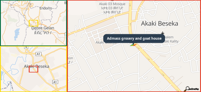 Map showing the address of Admass grosery and goat house in three different zoom levels.