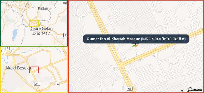 Map showing the address of Oumer Ibn Al-Khattab Mosque (ኡመር ኢብኑል ኸጣብ መስጂድ) in three different zoom levels.