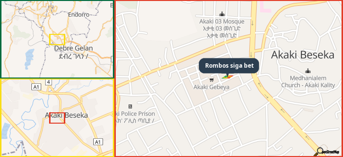 Map showing the address of Rombos siga bet in three different zoom levels.