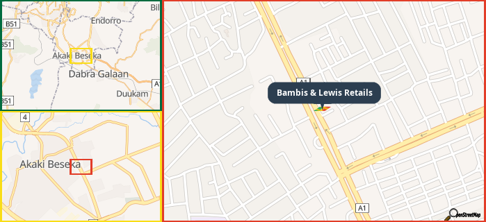 Map showing the address of Bambis & Lewis Retails in three different zoom levels.