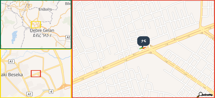 Map showing the address of ታፍ in three different zoom levels.