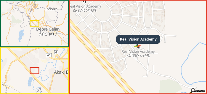 Map showing the address of Real Vision Academy in three different zoom levels.