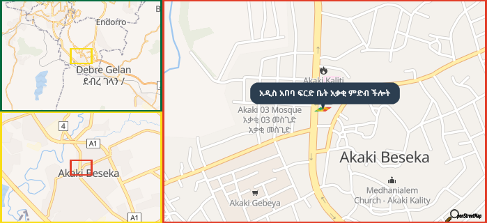 Map showing the address of አዲስ አበባ ፍርድ ቤት አቃቂ ምድብ ችሎት in three different zoom levels.