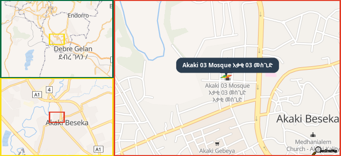 Map showing the address of Akaki 03 Mosque አቃቂ 03 መስጊድ in three different zoom levels.