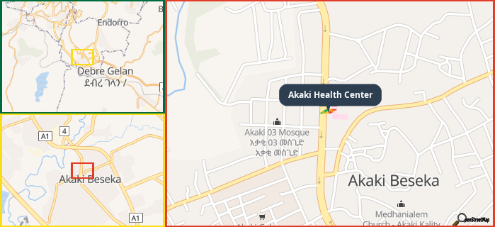 Map showing the address of Akaki Health Center in three different zoom levels.