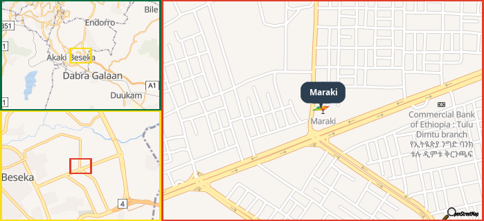 Map showing the address of Maraki in three different zoom levels.