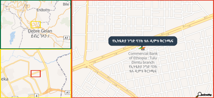 Map showing the address of የኢትዪጵያ ንግድ ባንክ ቱሉ ዲምቱ ቅርንጫፍ in three different zoom levels.