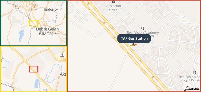 Map showing the address of TAF Gas Station in three different zoom levels.