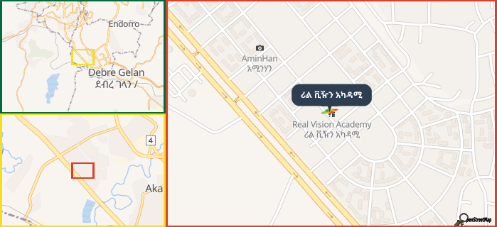 Map showing the address of ሪል ቪዥን አካዳሚ in three different zoom levels.