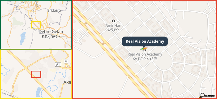 Map showing the address of Real Vision Academy in three different zoom levels.