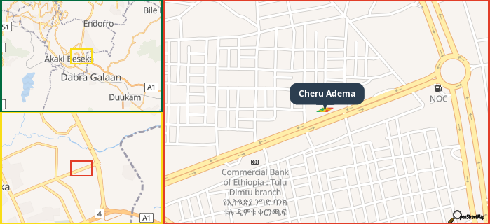 Map showing the address of Cheru Adema in three different zoom levels.