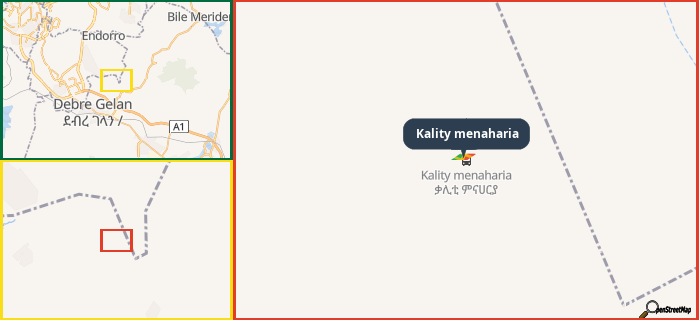 Map showing the address of Kality menaharia in three different zoom levels.