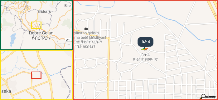 Map showing the address of ቤት 4 in three different zoom levels.