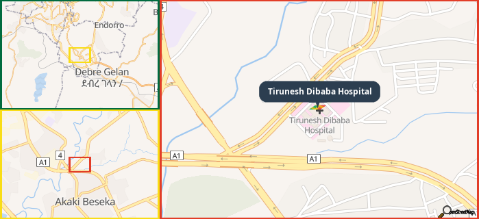 Map showing the address of Tirunesh Dibaba Hospital in three different zoom levels.