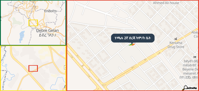 Map showing the address of ሃጫሉ 2ኛ ደረጃ ትም/ት ቤት in three different zoom levels.