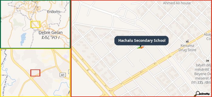 Map showing the address of Hachalu Secondary School in three different zoom levels.