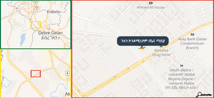 Map showing the address of ገላን ኮንዶሚኒየም ጤና ጣቢያ in three different zoom levels.