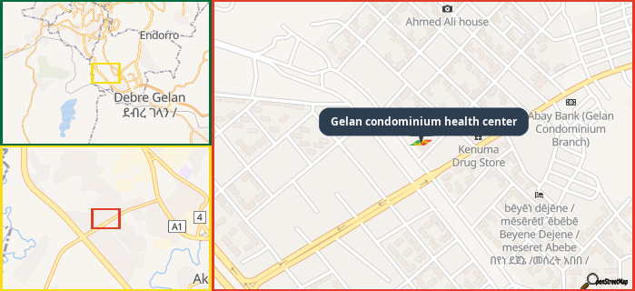 Map showing the address of Gelan condominium health center in three different zoom levels.