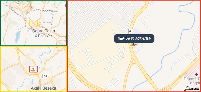 Map showing the address of በሰቃ ሁለተኛ ደረጃ ት/ቤት in three different zoom levels.