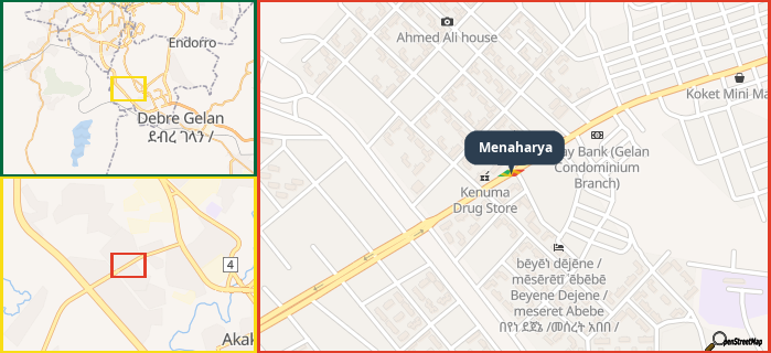 Map showing the address of Menaharya in three different zoom levels.