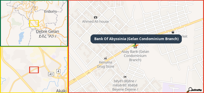 Map showing the address of Bank Of Abyssinia (Gelan Condominium Branch) in three different zoom levels.