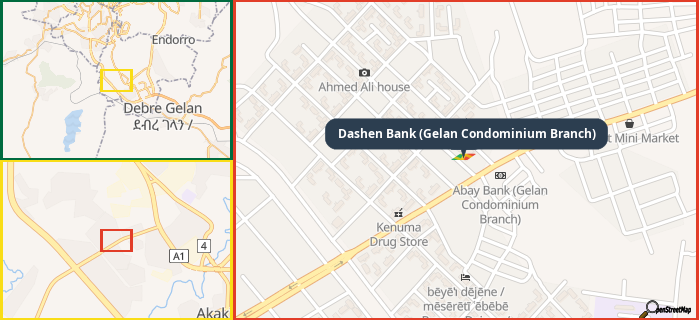 Map showing the address of Dashen Bank (Gelan Condominium Branch) in three different zoom levels.