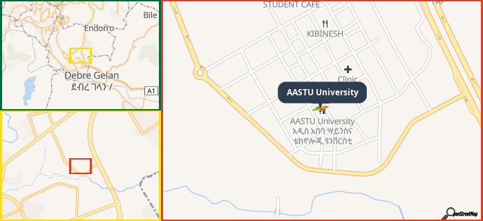 Map showing the address of AASTU University in three different zoom levels.